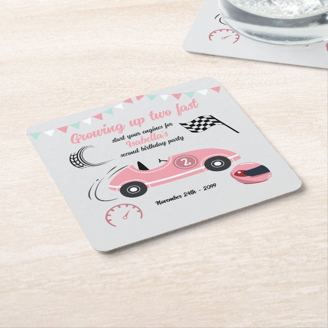 Posavasos Cuadrado De Papel Crecer dos coches de carreras rosadas festividades (En perspectiva)