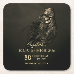 Posavasos Cuadrado De Papel Creepy Hair Skull QEPD en su fiesta de cumpleaños