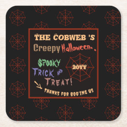 Posavasos Cuadrado De Papel Creepy y colorida web de araña de Halloween person