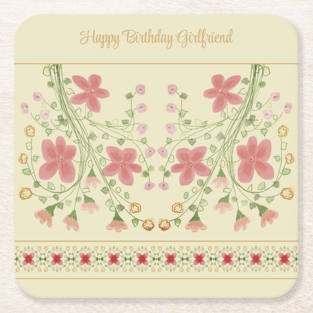 Posavasos Cuadrado De Papel Crema Con Flor Rosa (Anverso)