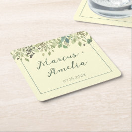 Posavasos Cuadrado De Papel Crema moderna y Boda de eucalipto