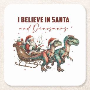 Posavasos Cuadrado De Papel Creo en Santa y los dinosaurios