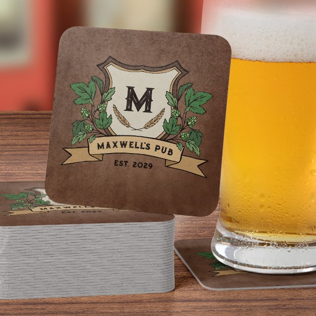 Posavasos Cuadrado De Papel Crest de lúpulo personalizado para su pub Monogram (Subido por el creador)