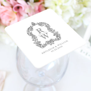Posavasos Cuadrado De Papel Crest de Monograma Vintage Blanco Gris Carboncillo