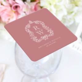 Posavasos Cuadrado De Papel Crest de Monograma Vintage Nombres Boda Rosa Polvo