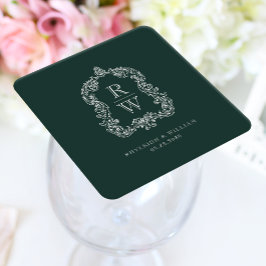 Posavasos Cuadrado De Papel Crest de Monograma Vintage Nombres Boda Verde Bosq
