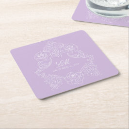 Posavasos Cuadrado De Papel Crestón Monograma de Boda Victoriana Morado Pastel