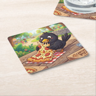Posavasos Cuadrado De Papel Cría de mirlo negro dibujado comiendo pizza