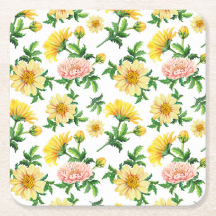 Posavasos Cuadrado De Papel Crisantemo acuarela: diseño floral sin foco