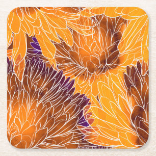 Posavasos Cuadrado De Papel Crisantemo Japonés: Patrón Continuo de Acuarela