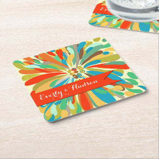Posavasos Cuadrado De Papel Crisantemo Personalizado Floral Colorida Negrita