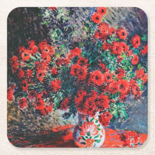 Posavasos Cuadrado De Papel Crisantemo Rojo, Monet