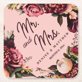 Posavasos Cuadrado De Papel Crisantemo romántico sobre rosa gasa