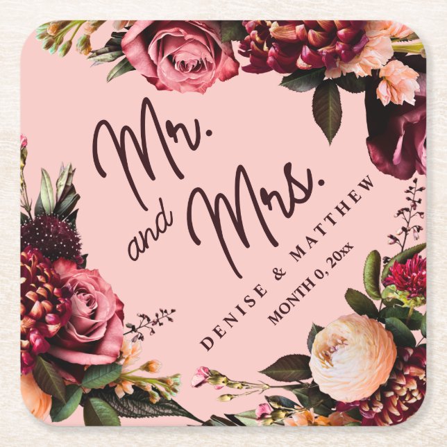 Posavasos Cuadrado De Papel Crisantemo romántico sobre rosa gasa (Anverso)