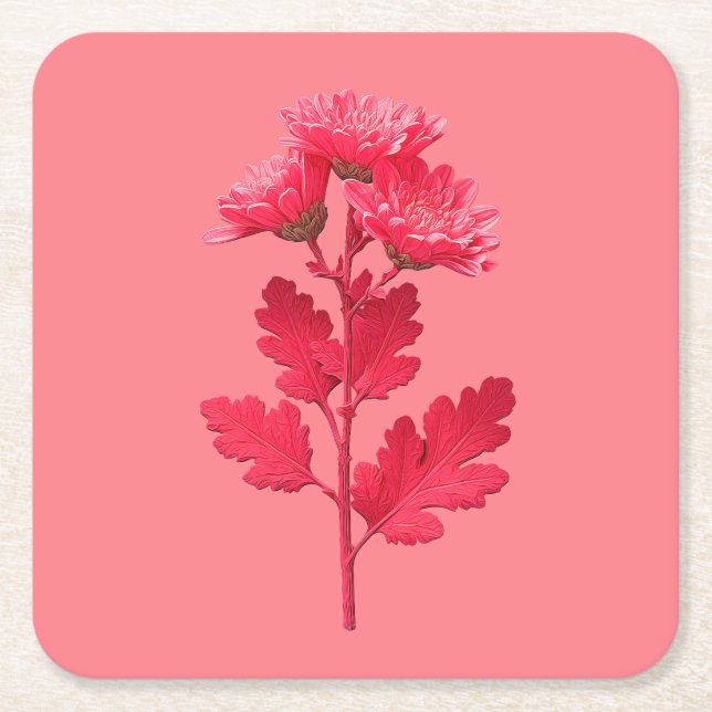 Posavasos Cuadrado De Papel Crisantemo Rosa  (Anverso)