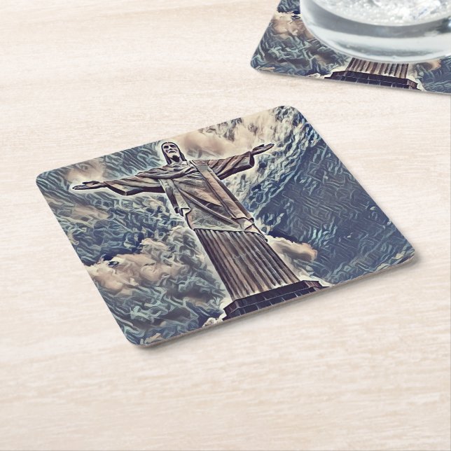 Posavasos Cuadrado De Papel Cristo, estatua del redimista (En perspectiva)