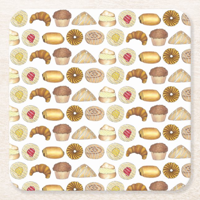 Posavasos Cuadrado De Papel Croissant Danés Muffin Baked Gods (Anverso)