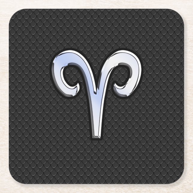 Posavasos Cuadrado De Papel Cromado plateado como Rótulo Aries Zodiac (Anverso)