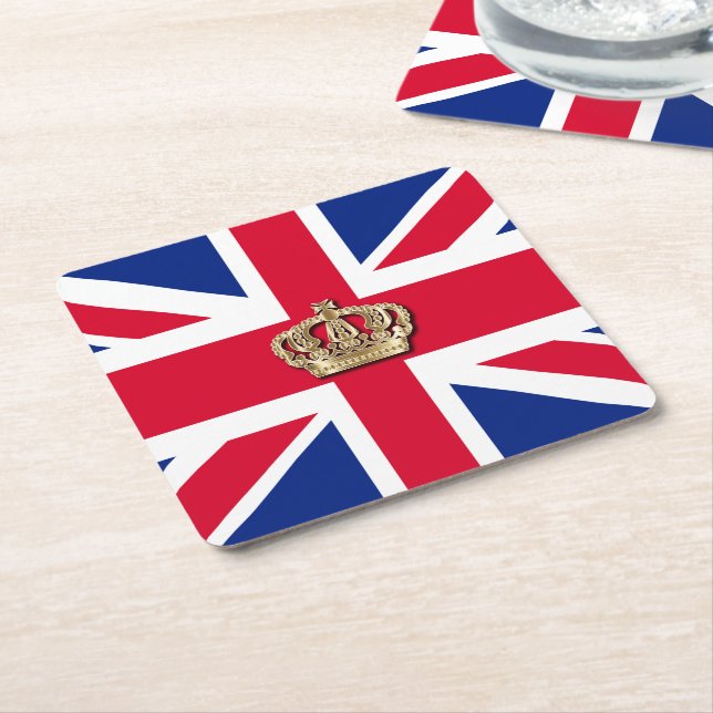 Posavasos Cuadrado De Papel Crown y Union Jack Patriótico (En perspectiva)