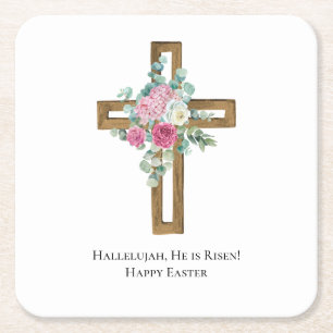 Posavasos Cuadrado De Papel Cruz de madera floral de Pascua religiosa Él ha re