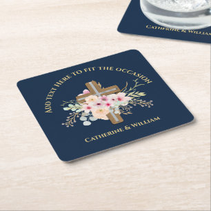 Posavasos Cuadrado De Papel Cruz Floral Personalizada para Bautizo y Confirmac