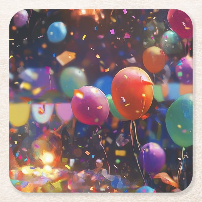 Posavasos Cuadrado De Papel cuaderno de cumpleaños, diseño de globo, estación  (Anverso)
