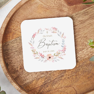 Posavasos Cuadrado De Papel Cuadrado de Bautizo de Niña Floral Rosa Rubor