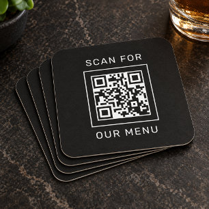 Posavasos Cuadrado De Papel Cuadrado Negro Escanea Nuestro Código QR del Menú