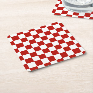 Posavasos Cuadrado De Papel Cuadrados a cuadros rojos blancos geométricos retr