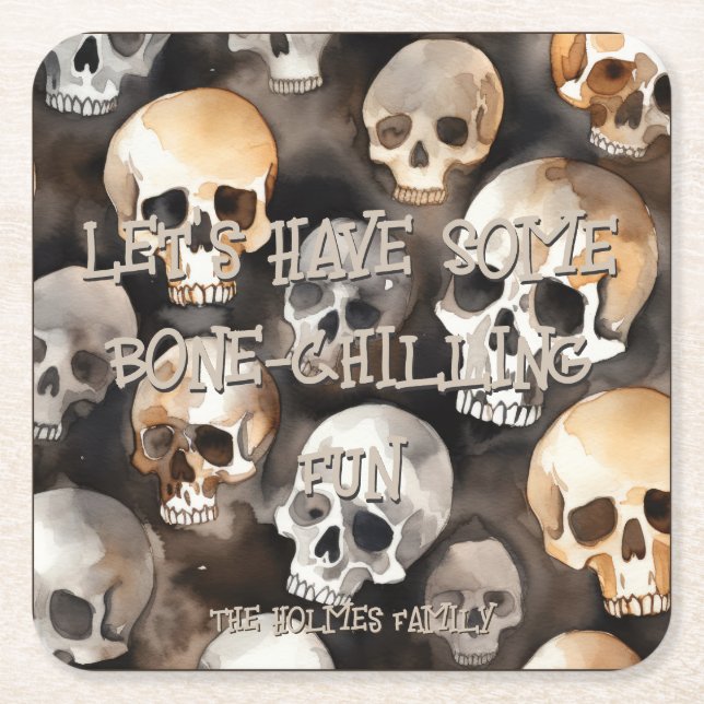 Posavasos Cuadrado De Papel Cuadrillo de cuatricromía Skulls Halloween Monogra (Anverso)