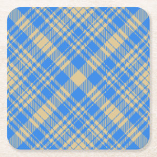 Posavasos Cuadrado De Papel Cuadro Escocés Tartán Azul y Amarillo
