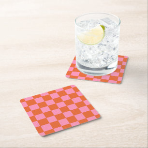 Posavasos Cuadrado De Papel Cuadros Naranja y Rosa a Cuadros