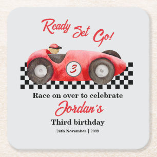 Posavasos Cuadrado De Papel Cualquier Edad Cumpleaños Red Race Car Ready Go