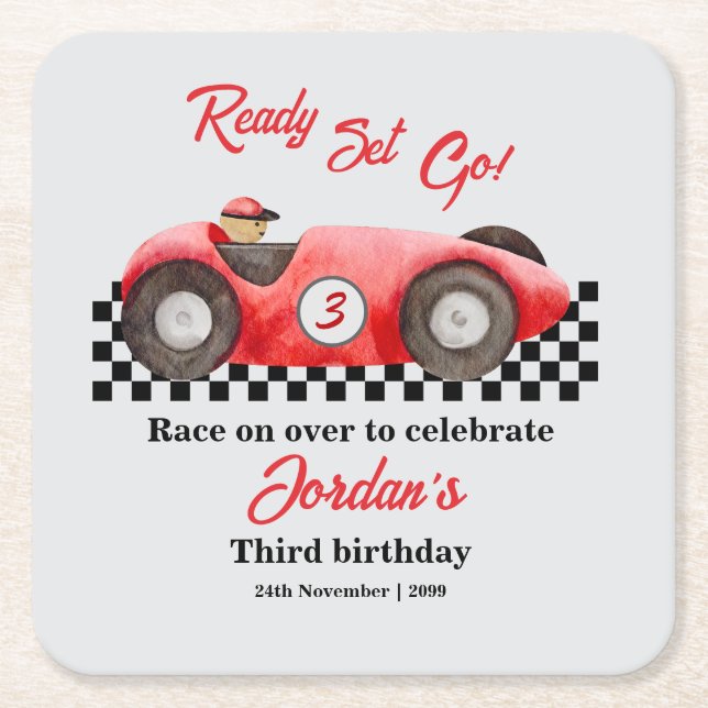 Posavasos Cuadrado De Papel Cualquier Edad Cumpleaños Red Race Car Ready Go (Anverso)