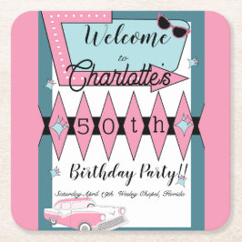 Posavasos Cuadrado De Papel Cualquier edad, cumpleaños retro de los años 50