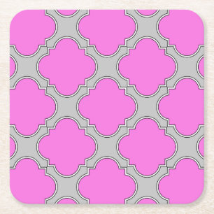 Posavasos Cuadrado De Papel Cuatrefoil rosa y gris