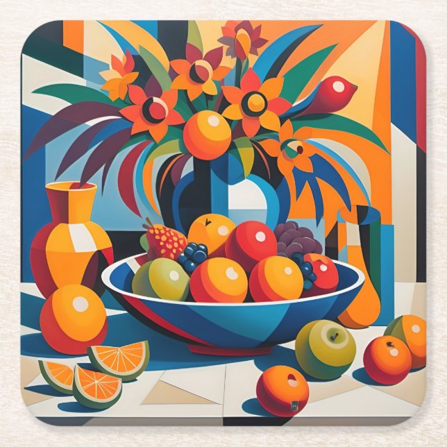 Posavasos Cuadrado De Papel Cubism Fruit Bowl Flores Coaster Set (Anverso)