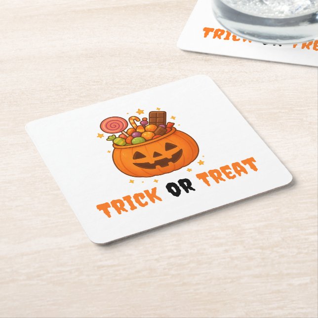 Posavasos Cuadrado De Papel Cubo de calabaza lleno de dulces - Halloween (En perspectiva)
