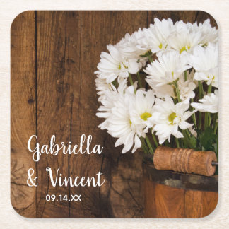 Posavasos Cuadrado De Papel Cubo de madera Daisies Blancos Boda de granero