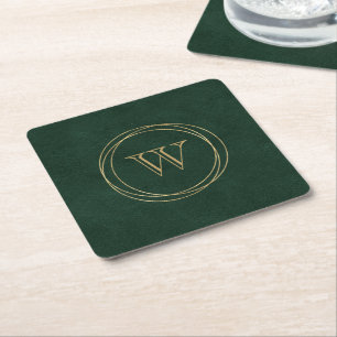 Posavasos Cuadrado De Papel Cuero falso verde oscuro círculos dorados monogram