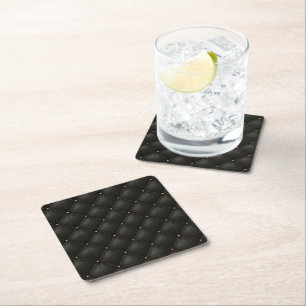 Posavasos Cuadrado De Papel Cuero negro acolchado con tachuelas doradas