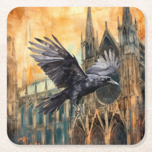 Posavasos Cuadrado De Papel Cuervo volador y catedral gótica medieval