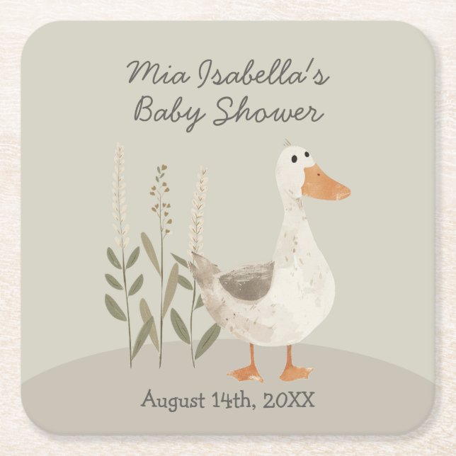 Posavasos Cuadrado De Papel Cuidada acuarela Goose Baby Shower Paper Coaster (Anverso)