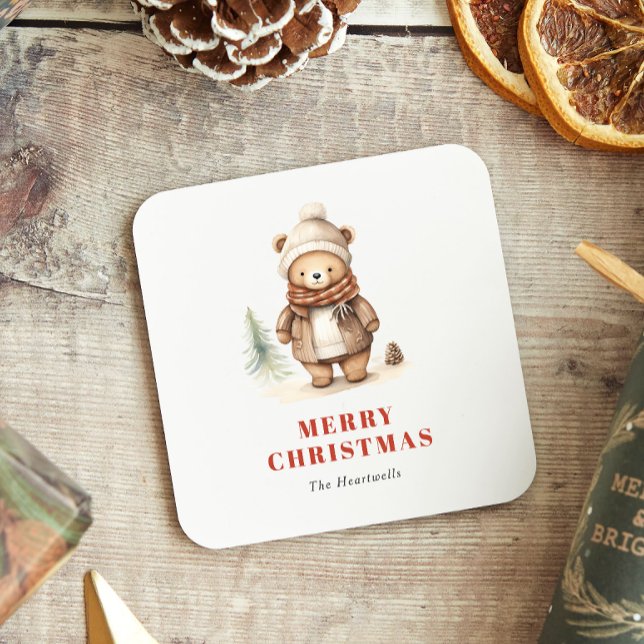 Posavasos Cuadrado De Papel Cuidada acuarela oso Feliz Navidad (Subido por el creador)