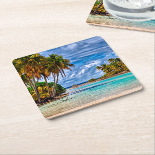 Posavasos Cuadrado De Papel Cuidada Bonito Verano Hawái Beach acuarela