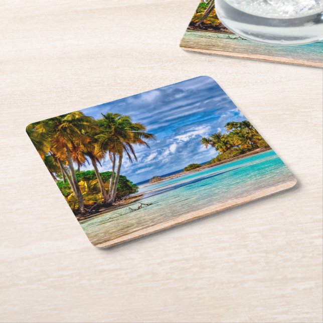 Posavasos Cuadrado De Papel Cuidada Bonito Verano Hawái Beach acuarela (En perspectiva)