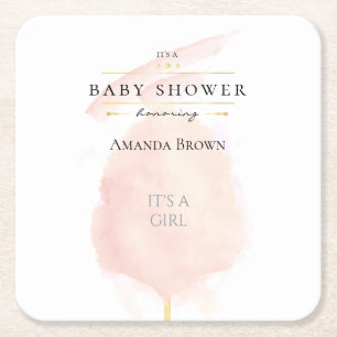 Posavasos Cuadrado De Papel Cuidada color de agua rosado caramelo Baby Shower