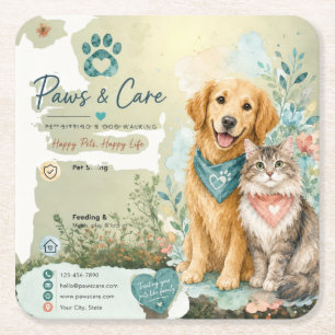 Posavasos Cuadrado De Papel Cuidador de mascotas de perro y gato lindo