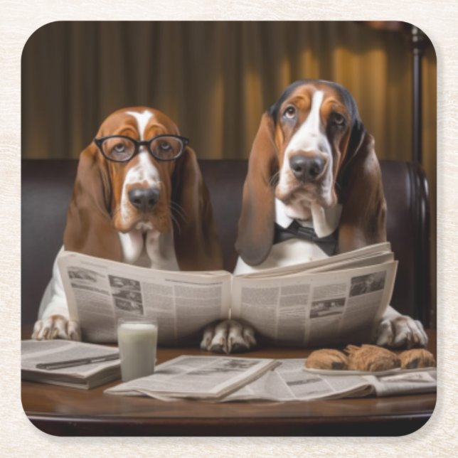 Posavasos Cuadrado De Papel Cuidados basset hounds leyendo el periódico (Anverso)