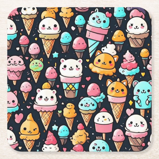 Posavasos Cuadrado De Papel Cuidados y coloridos helados (Anverso)